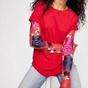 Free People Take Me Away Twofer Floral Embroidered Mesh Sheer Fishnet Shirt